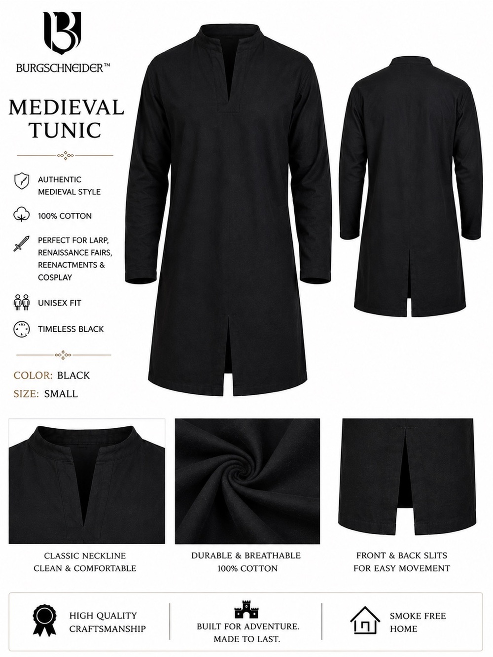 Burgschneider Men's Black Medieval Thereon Tunic Shirt, New